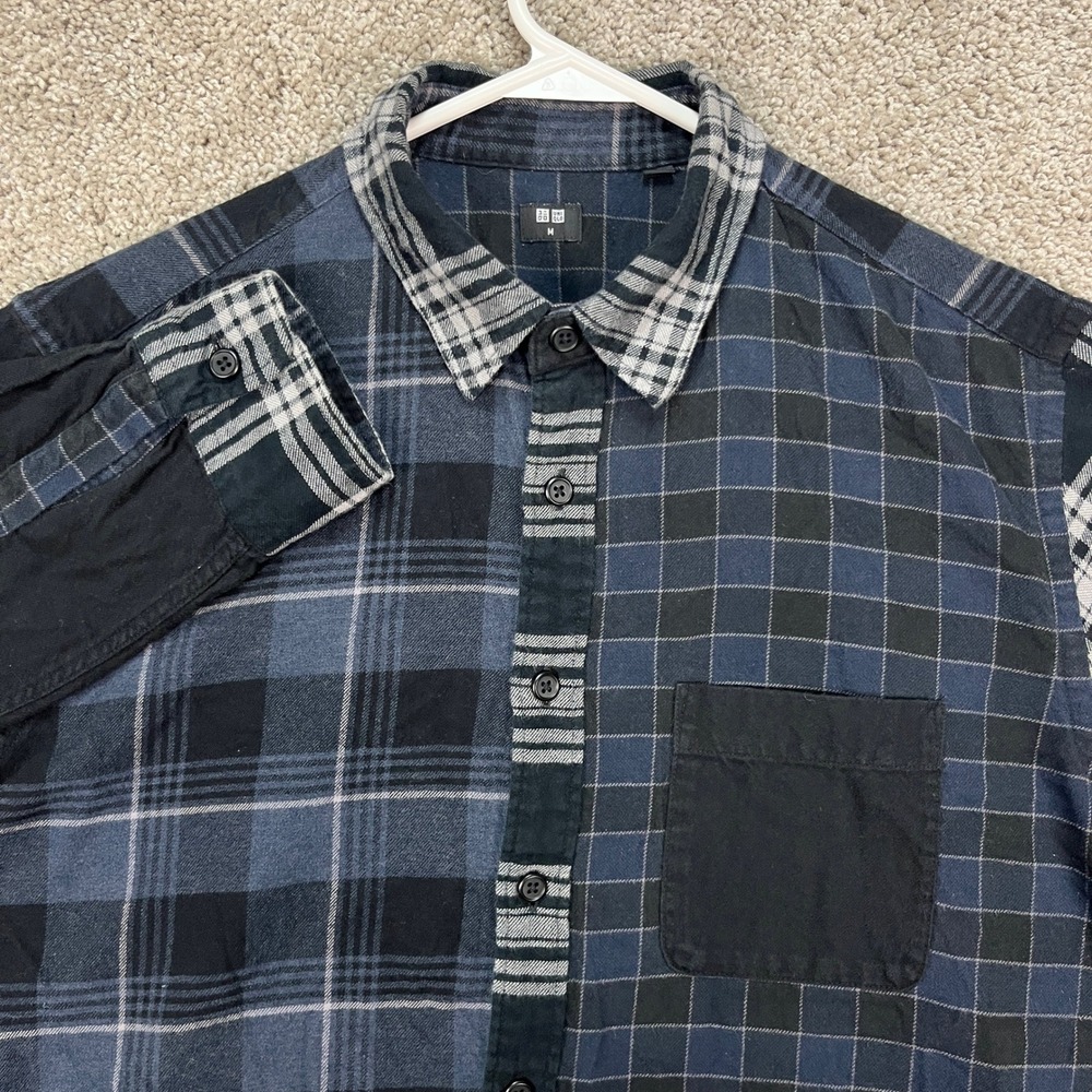 UNIQLO Men's Size‎ M Patchwork Plaid Long Sleeve Button Up Shirt Blue Black